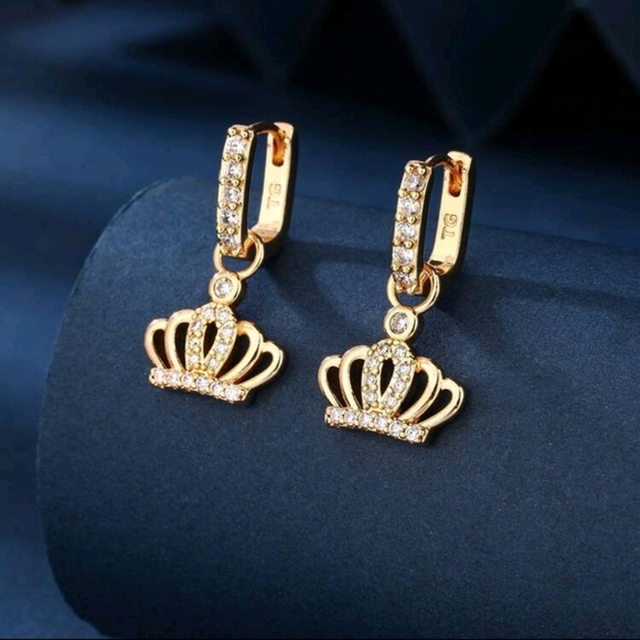 Gold Rhinestone Crown Earrings - Picture 1 of 3
